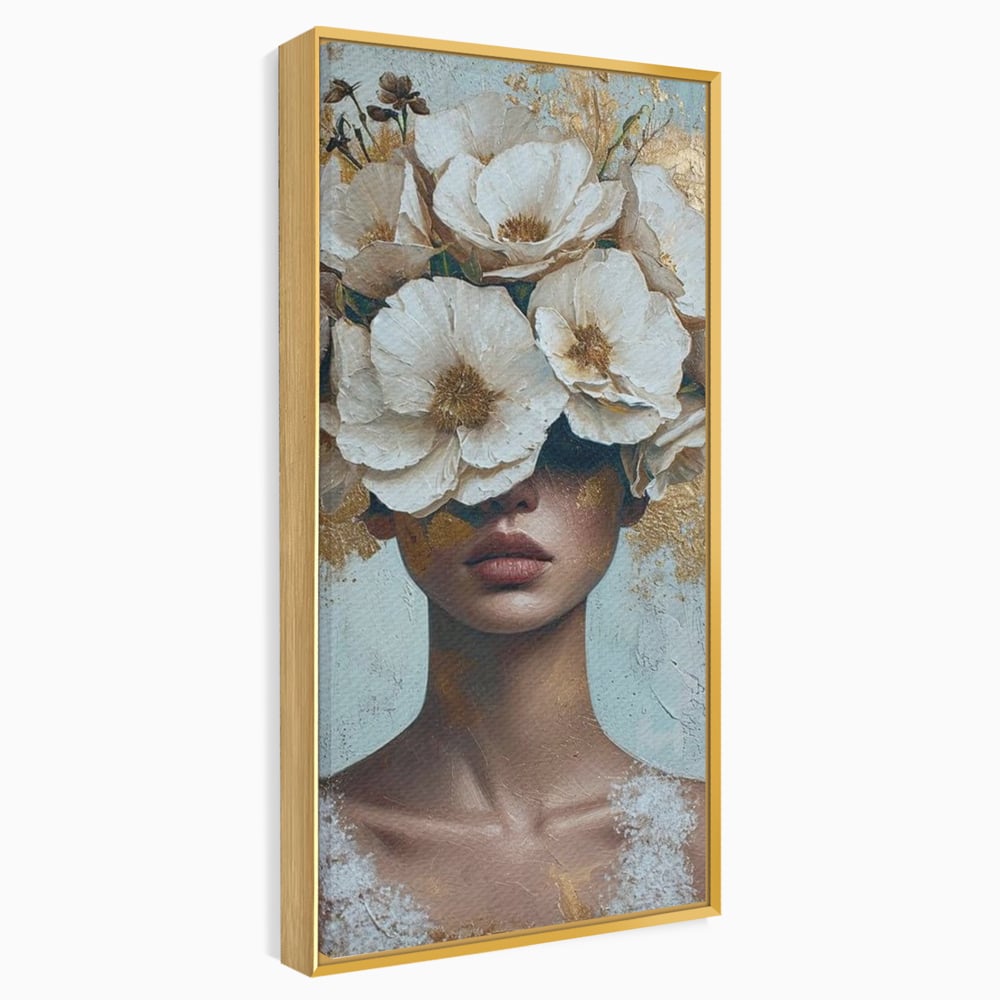 Tablou canvas cu tablou portret femeie cu flori albe, in rama de aluminiu auriu